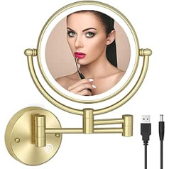 RECKODOR Cosmetic Mirror with Lighting Wall Mounted 5x Magnification - Multifunctional Bathroom Mirror, Light Memory Function, Shaving Mirror 360° Rotatable, Extendable and USB Rechargeable, Gold