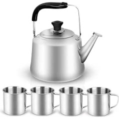 Odoland Tea Kettle Camping Kettle 3L Coffee Pot Kettle Outdoor Tableware Set with Teapot and 4 Stainless Steel Cups Camping Cookware Set Ideal for Outdoor Picnic Hiking