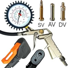 Compressor Compressed Air Bicycle Tyre Inflator with Pressure Gauge SKS Connection Head Suitable for AV Car Valve, SV French/Presta Valve, DV Dunlop Flash Hose & VAT Valve