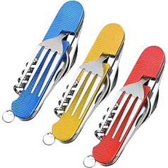 6 in 1 Camping Cutlery Folding Cutlery Set 3 Pieces Travel Cutlery Stainless Steel Foldable Cutlery Set Removable Knife Fork Spoon Bottle Opener Set for Hiking Camping Picnic Outdoor