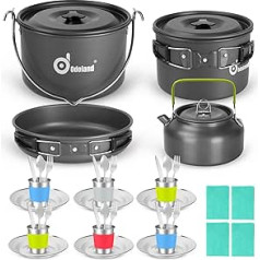 Odoland Camping Kochgeschirr Set Outdoor, Camping Geschirr Set mit Faltbare Kochtopf Camping Teekessel Pfanne, Camping Kochset für Outdoor Kochen Picknick Wandern 4 Personen