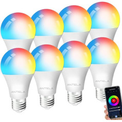 ANTELA Alexa Light Bulb E27 9W 806LM RGB 2700K-6500K Warm White Cool White Light Smart WLAN LED Dimmable Bulb Lamp, Compatible with Google Home, 8 Pieces