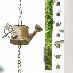 Retrome Dragonfly on Watering Can Rain Chain for Gutters, Drops, Copper, Patina