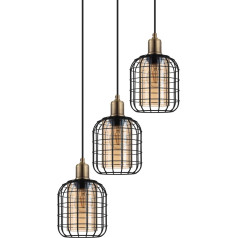 EGLO Chisle Pendant Light, 3-Bulb Pendant Light, Metal Pendant Light in Black and Steamed Glass in Amber, Dining Table Lamp, Living Room Lamp Hanging with E27 Socket