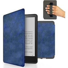 MyGadget Faux Leather Case for Amazon Kindle Paperwhite 11th Generation (2021-6, 8 Inch) with Hand Strap & Auto Sleep/Wake Function in Dark Blue