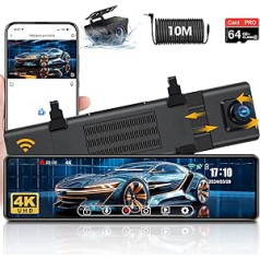 4K WiFi Reversing Camera Mirror, Mirror Dash Cam with Rear View Camera with 12 Inch IPS Touch Screen, Car Camera, Dash Cam, Car Front Rear with 64G SD Card, WDR, 10 m Cable, G-sensor, Loop Recording