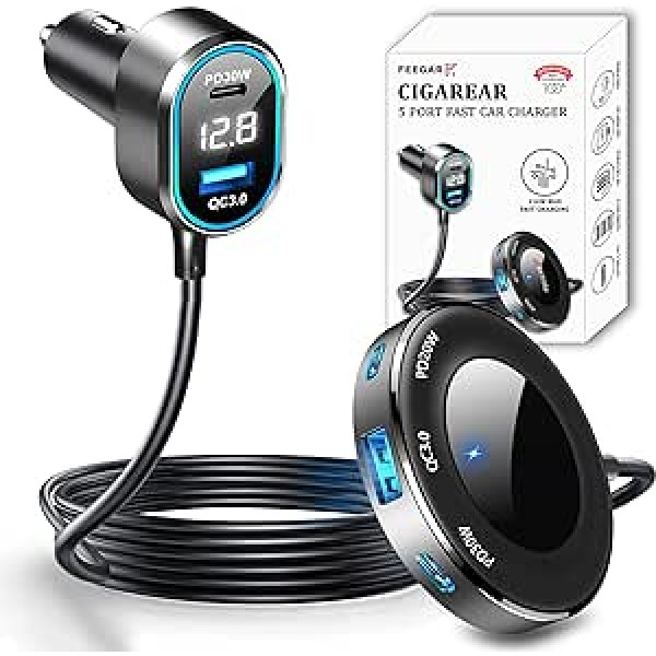 Feegar CigaRear 116W, 5X USB QC 3.0 PD 30W Car Charger, 12V/24V Cigarette Lighter Adapter USB Car Distributor LED Voltage Display for Smartphone Tablet Dashcam GPS