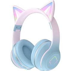 QOTSTEOS Cute Cat Ear Gaming Headset Comfortable Foldable Over-Ear Wireless Gaming Headphones with RGB Lights 3D Stereo Sound Effect (Sky Blue)