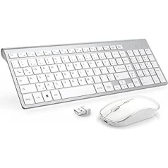 Joyaccess Wireless Keyboard Mouse Set, 2.4G Wireless Keyboard with 2400 DPI Wireless Mouse, Rechargeable Combination for PC, Laptop, Smart TV, QWERTZ German Layout, White and Silver