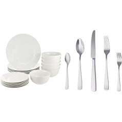 Amazon Basics 18 Piece Dinner Set for 6 People & Square Edge Stainless Steel Cutlery Set 20 Piece Set for 4 People