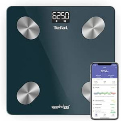 Tefal Goodvibes Life+ Smart Scale with 10 Indicators for Body, Easy Operation, Unlimited User Capacity 180 kg and 100 g Graduation, BM9620S1, Black