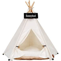 Sunnykud Tepee Tent for Pets, Dog / Cat / Pet Tent House with Cushion, Removable and Washable Pet Bed, Fold Away Pet Tent, Dog / Cat Bed, White