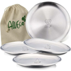 AllEco® Stainless Steel Camping Plate Set of 4 Diameter 20 cm Sustainable, Reusable & Child-Friendly Outdoor Tableware Ideal for Picnic & Hiking, Plastic-Free with Cotton Bag