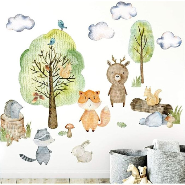 Little Deco DL450 Wall Sticker Forest Animals with Trees Mushrooms and Grass I L - 197 x 109 cm (W x H) I Wall Sticker Baby Room Self-Adhesive Wall Sticker Children's Room Boy