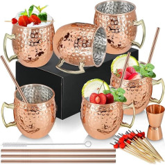 [Gift Set] Moscow Mule Cups Copper 19oz Set of 6 Copper Plated Stainless Steel Mugs Handmade Copper Cups with Handle for Chilled Cocktail Cold Drinks Cups
