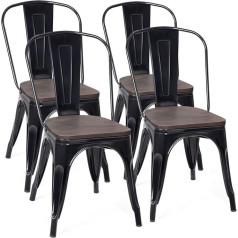 Giantex Set of 4 Stackable Dining Room Chairs, Kitchen Chairs, Dining Chairs with Backrest, Living Room Chairs, Retro Chairs, Wooden Chairs, Steel Frame & Solid Elm Wood, Maximum Load 150 kg (Black)
