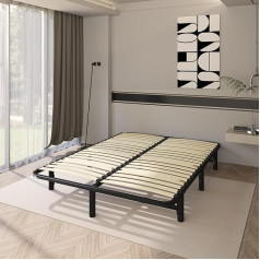 Mondeer Bed Frame with Slatted Base, Metal and Wooden Bed Frame, 152 x 190 x 25 cm, Underbed Storage Space, Easy to Assemble, Black