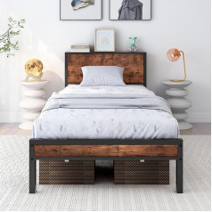 ‎Dumee DUMEE Single Bed with Wooden Headboard, Metal Single Bed Frame Bed Frame, Noise-Free, Improved Strong Support (Wood Bed 90 x 200, Black + Brown Oak)