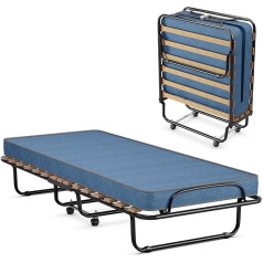 Giantex Folding Guest Bed, 80 x 190 cm, Adults, Single Bed with Memory Foam Mattress, Travel Cot with 4 Wheels, Folding Bed, Metal Bed, Metal Frame, 130 kg Load Capacity (Blue)