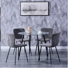 Goldfan Dining Table Set with Glass Dining Table and 4 Velvet Curved Backrest Chairs Glass Table and Grey Chair Round Table for Living Room Kitchen Office