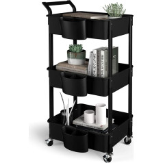 Hbtower Serving Trolley, Kitchen Trolley, 3 Tiers, Utility Cart Trolley with Wheels and 3 Shelves, Multi-Purpose Trolley for Kitchen, Make-Up, Bathroom, Office, Black