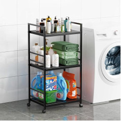 Mowend 3 Levels Extendable Narrow Shelf with Levelling Feet, 26.5 - 44 cm Wide Freestanding Narrow Metal Serving Trolley with Wheels for Small Spaces, Bathroom, Kitchen, Laundry Room and Living Room