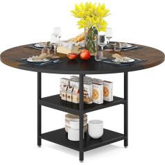 Little Tree 47 Inch Round Dining Table for 4 Seater Small Kitchen Table Dining Table with Shelf Metal Legs Wooden Table Top for Home Dining Living Room Black Rustic Brown