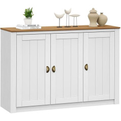 Idimex Bolton Sideboard Made of Pine in White/Brown, Chest of Drawers with 3 Doors and Shell Handles, Buffet Cabinet Made of Solid Wood with Shelves