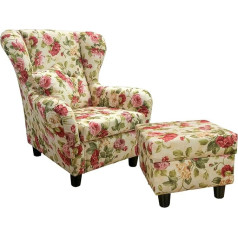 Luma-Home Schönes Für Dein Zuhause Cosy Wing Chair with Stool, Comfortable Upholstered Chair in Country House Style, Modern TV Chair, Reading Chair with Wave Suspension, Living Room Chair Floral for Relaxing, Floral Pattern Woven