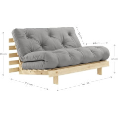 Karup Design - Roots 2-seater Futon sofa bed in Scandinavian style sofa with sleep function, in natural wood, with petroleum blue mattress, 140 x 200. Nordic pine FSC certified, 140 x 200.