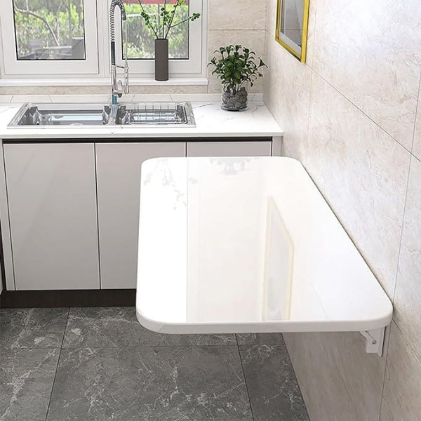 Qjibvzy Folding Wall Table, Laundry Folding Table, Wall Mounted Drop Leaf Tables with Robust Bracket for Home Office, Laundry Room, Study or Kitchen, 60 x 40 cm/24 x 16 inches, White