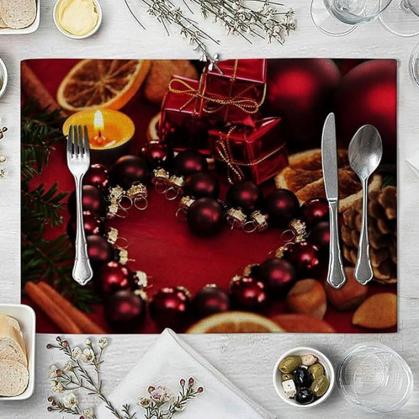 Knsam Place Mat Set, 8-Piece Bells Heart Shape Table Coasters Cotton Linen Tear-Resistant Heat Resistant Place Mats Red for Kitchen and Restaurant, 32 x 42 cm