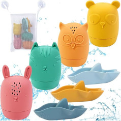 Jiosdo Bath Toy Baby - Bath Toy - Set of 8 Bath Animals for Babies and Toddlers, with Storage, Bath Squeezies, Water Toy, Children, Squishies with Openings Made of BPA-Free Silicone