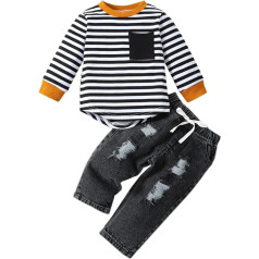 Baby Flieg Kinder-Outfit, weiche Baumwolle, warm, Rundhalsausschnitt, Rundhalsausschnitt, lange Ärmel, gestreiftes Oberteil und zerrissene Jeans, Kleidungsset für oder Baby Kleidung 6 12 Monate