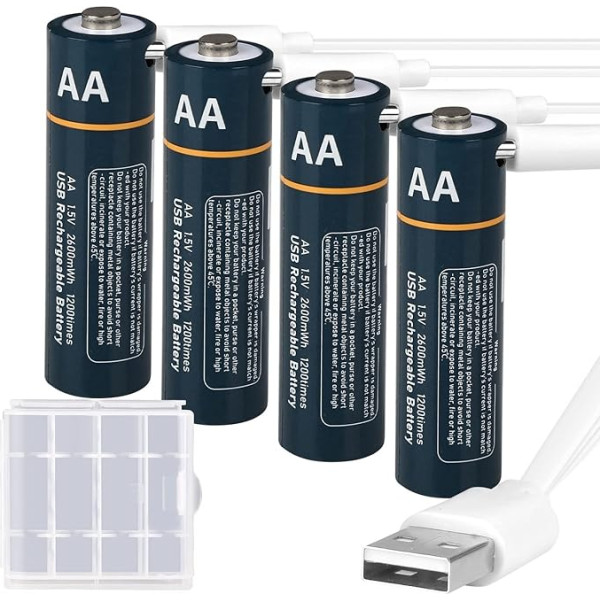 MinSoHi Rechargeable AA Lithium Batteries, 1.5 V USB C AA Rechargeable Battery Li-Ion AA Batteries 2600 mWh with 4 in 1 Charging Cable, Quick Charge in 2 Hours, 1200 Times Cycle Charging, Pack of 4