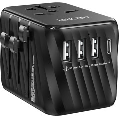 LENCENT Universal Travel Adapter, International AC Plug Adapter with 3 USB A Ports 1 Type C PD Wall Charger Worldwide Travel Adapter for US to EU UK Ireland Australia (Type C/G/A/I), Black