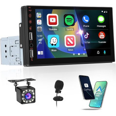 Hikity 1 DIN Carplay Car Radio with Screen Reversing Camera & Remote Control & Mic, CarPlay and Android Car, 7 Inch Car Radio Touch Display with Bluetooth 2USB SWC FM Radio