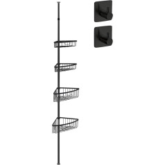 Smartpeas Telescopic Shower Caddy No Drilling - 4 Baskets - Adjustable Size: 76 to 280 cm - Rubberised Ends - Chrome Finish Powder Coated Steel - Plus: 2 free self-adhesive hooks.