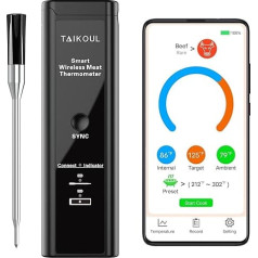 Wireless Meat Thermometer, Roasting Thermometer, Bluetooth, Quick Connection, Rechargeable Grill Thermometer with App, IP67 Waterproof Thermometer for Oven, Grill, BBQ Smoker