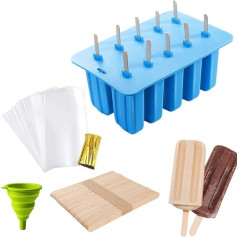 JZK 10 x Silicone Ice Lolly Moulds Set and Wooden Sticks with Pockets and Ties, Funnel, Ice Lolly Mould with Sticks, Silicone Ice Lolly Mould with Sticks Set, Ice Lolly Maker