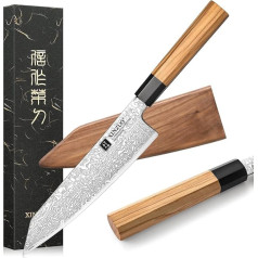 XINZUO Damascus Steel Kiritsuke Chef's Knife, Japanese Style 21.5 cm Kitchen Knife, Gyuto Knife, Handmade Forged Sharp Chef's Knife Olive Wood and Black Buffalo Horn Handle - with Sheath