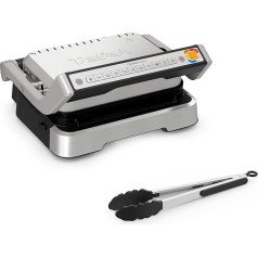 Tefal OptiGrill 2-in-1 Contact Grill, Hinged, Table Grill, 9 Programmes, Cooking Level Display, Barbecue Tongs, Removable Plates, Electric Grill, GC773D10