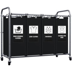 AWTATOS Laundry Basket with 4 Compartments on Wheels, Laundry Hamper with 4 Removable Fabric Bags, with 6 Sorting Cards for Easy Sorting of Clothes, Black ULSCM04B