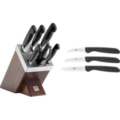 ZWILLING Self-sharpening knife block, 7 pieces, wooden block, knife and scissors made of stainless special steel/plastic handle, four stars and vegetable knife set, 3 pieces, plastic handle, black