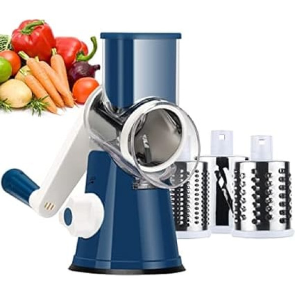 Ourokhome Rotary Cheese Grater Round Mandolin Slicer, Handheld Hashbrown Shredder with 3 Drum Blades, Kitchen Manual Speed Walnut Grinder for Potato, Carrot, Nuts, Courgette (Dark Blue)