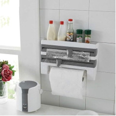 Wall Roll Holder, Kitchen Roll Holder, Kitchen Wall Shelf, Paper Roll Holder, Practical Cutting Dispenser, 3 Compartments, Kitchen Roll, Aluminium Foil Kitchen Shelf with Sharp Blades