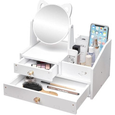 SAVOSWEET Cosmetic Organizer Weiß,Schminktisch Organizer mit Spiegel,White Desktop Kosmetik Organizer,Make up Organizer mit Schublade für Kommode/Schlafzimme/Badezimmer