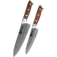 Kensaki Set of 2 Damascus Steel Kitchen Knives Japanese Style Made from 67 Layers Damascus Steel Hammered - Tetsu Series, KEN-152, Set of 2