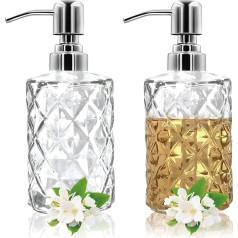 Glass Soap Dispenser - 2 Pack 12oz Clear Glass Liquid Soap Dispenser with 304 Stainless Steel Pump, Refillable Dish Bottle Dispenser for Bathroom and Kitchen