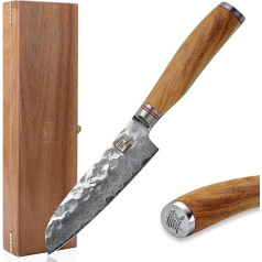 zayiko Minami Premium Small Santoku Knife with 12 cm Blade Made of 67 Layers of Genuine Damascus Steel with Hammer Blow and Olive Wood Handle I Wooden Box I Damascus Knife Kitchen Knife and